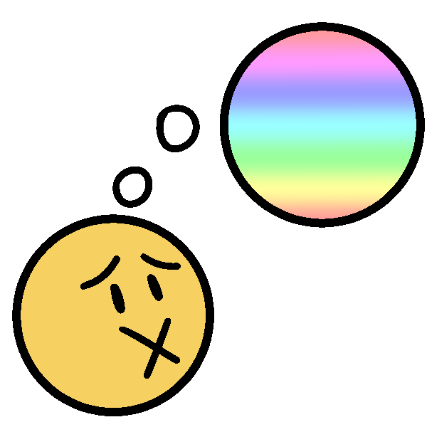  An upset yellow face with an X over the mouth, and a pastel rainbow thought bubble coming from them. 